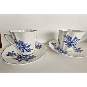 Vintage Rosina England Tea Cup & Saucer Sets (2) Blue Roses